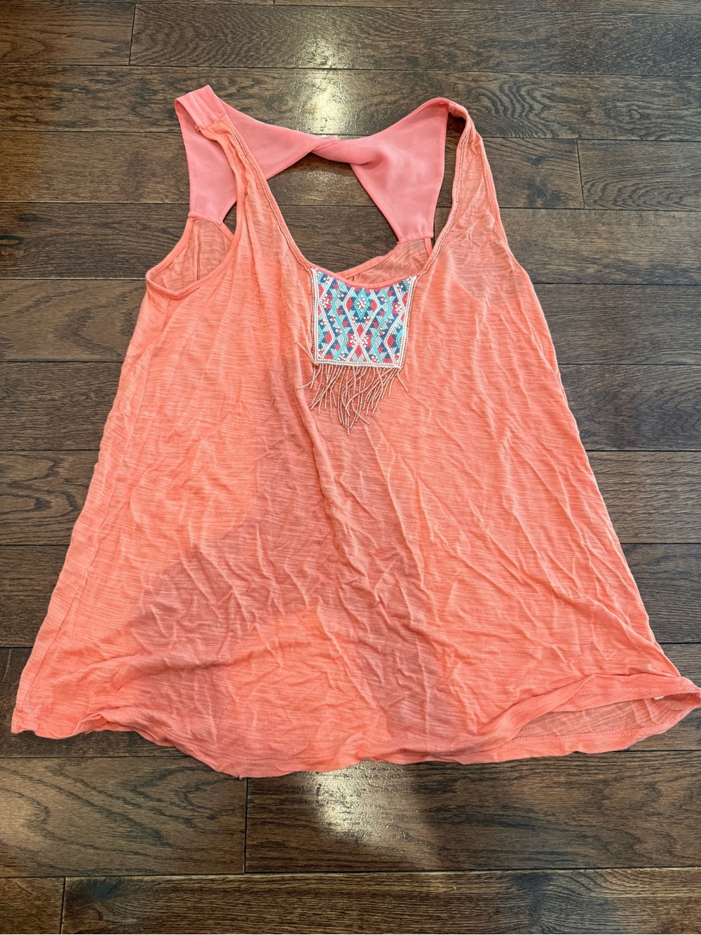 American Eagle Outfitters Coral Racerback Tank with Embroidered Fringe Patch